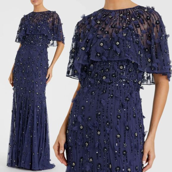 Mac Duggal 93653 Size 16 Dark Navy Blue Floral Cape Trumpet Gown Long Maxi Dress - Picture 1 of 4